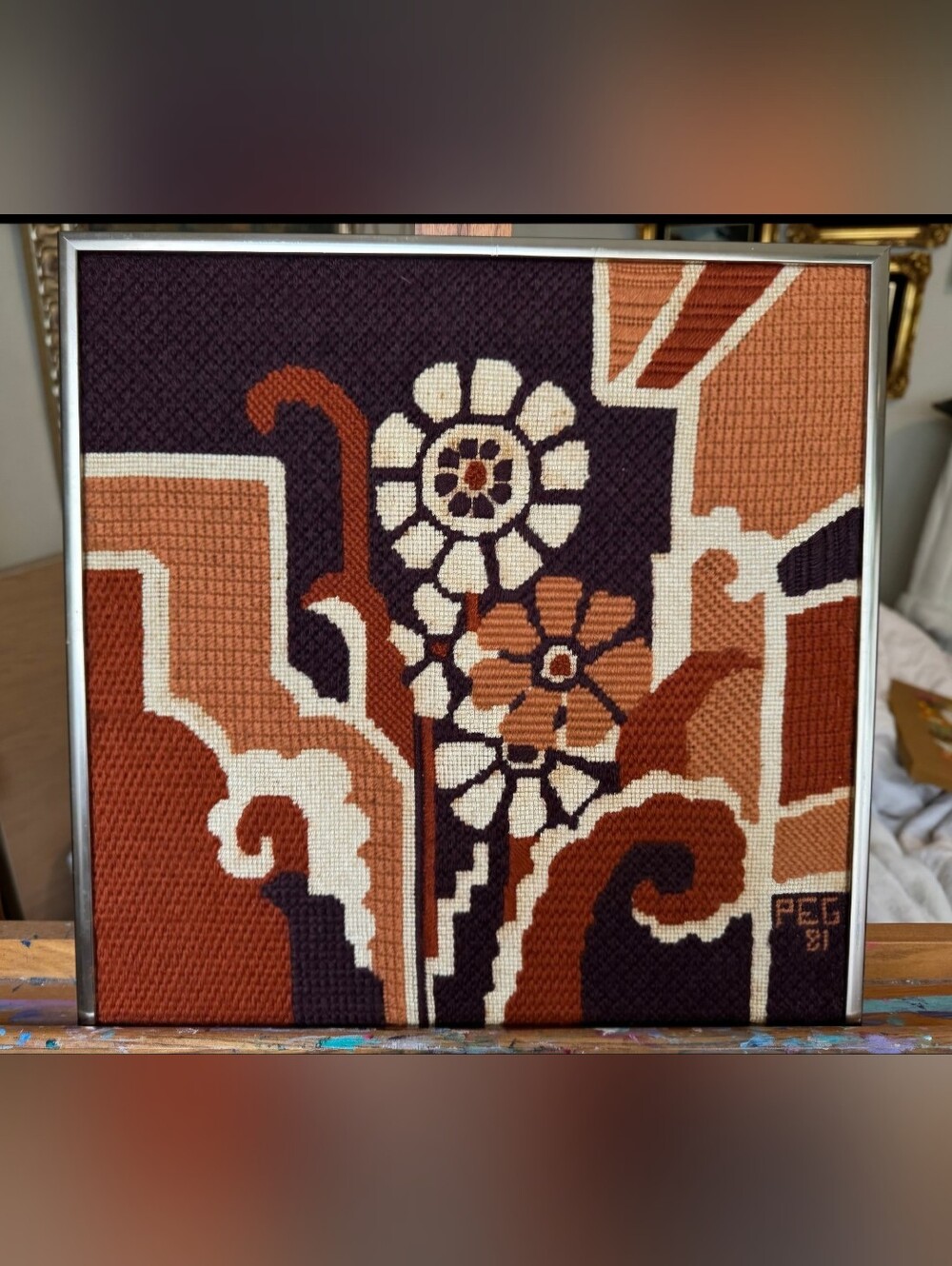 Vintage Rare Geometric Flower Power Needlepoint Home Decor